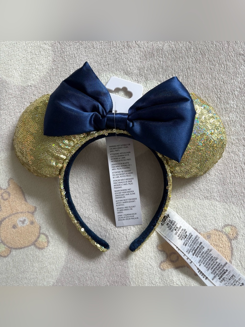 NEW Disney Gold Sequin Minnie Ears Headband with Navy Bow